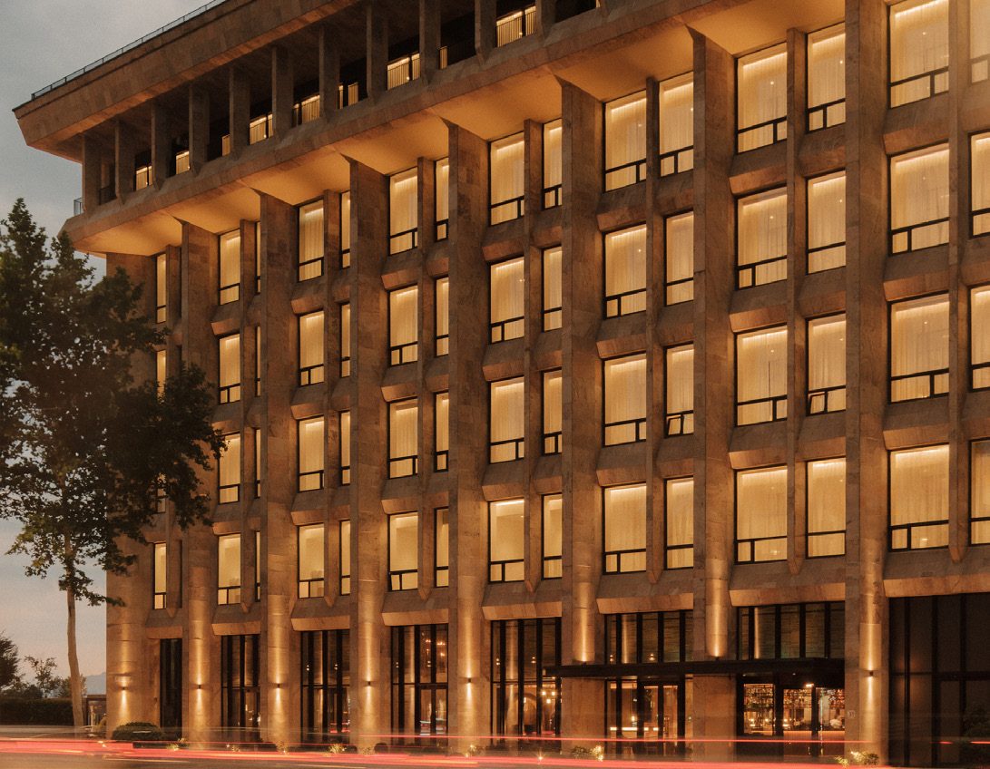 The Telegraph Hotel facade at dusk